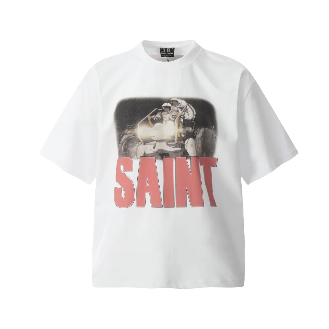 VT9236 P130💰 Saint Michael x FREEDOM comic vintage retro distressed short sleeves Small neckline design White ink digital direct printing High street retro heavy distressed washed Vintage short sleeves Size: S M L XL